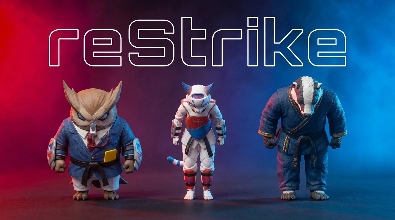 The reStrike mascots — owl, kitsune and badger